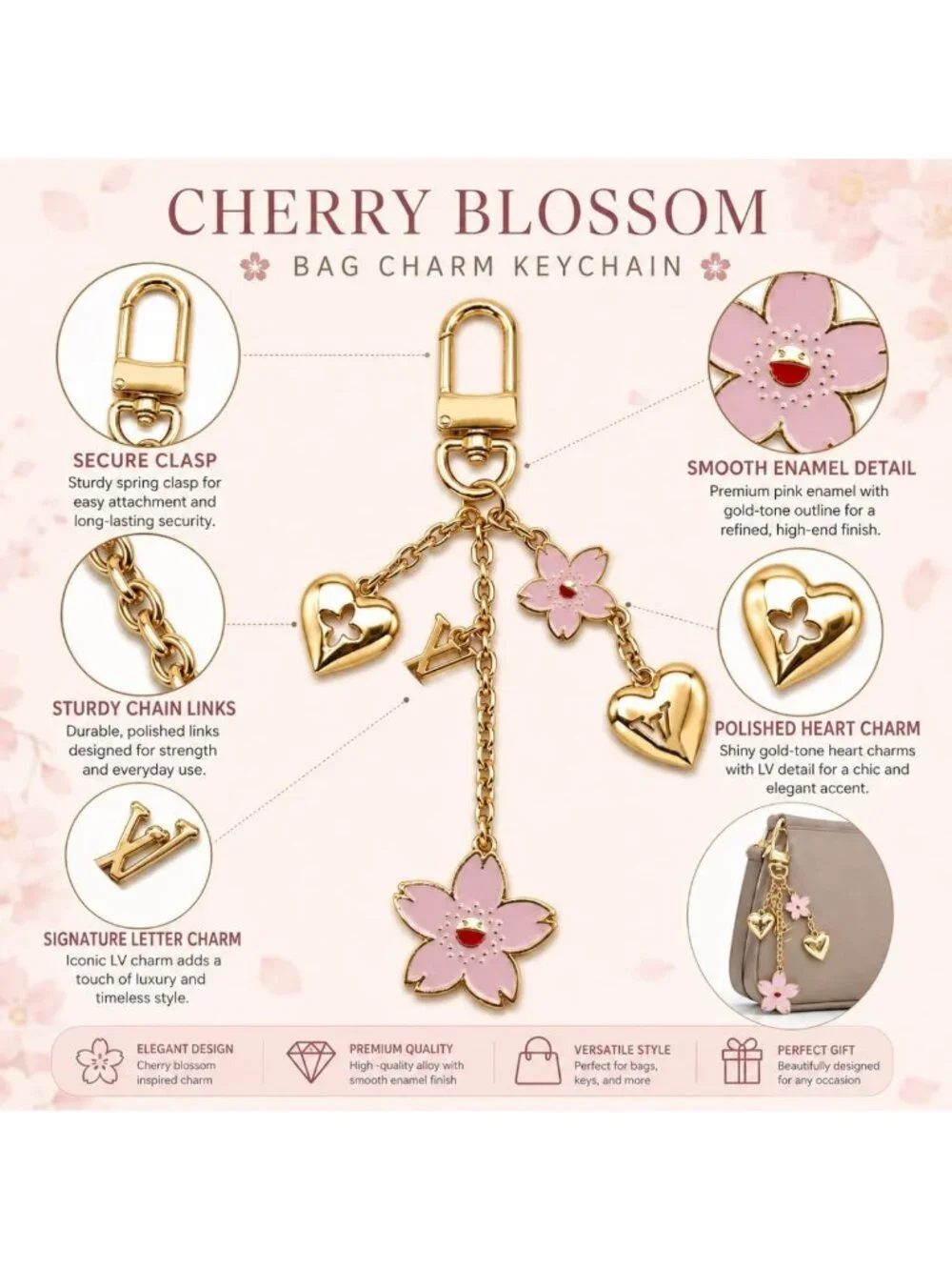 Cute Cherry Blossom Keychain Charm | Flower & Heart Bag Accessory with Swivel